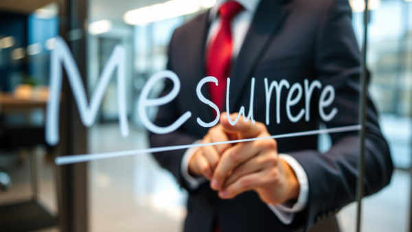 Businessman Writing Measure on Glass Board in Office Setting Daily