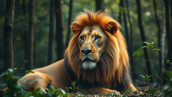 Majestic lion resting peacefully in a lush green forest setting