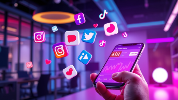 Social Media Icons Floating Around Smartphone in Office