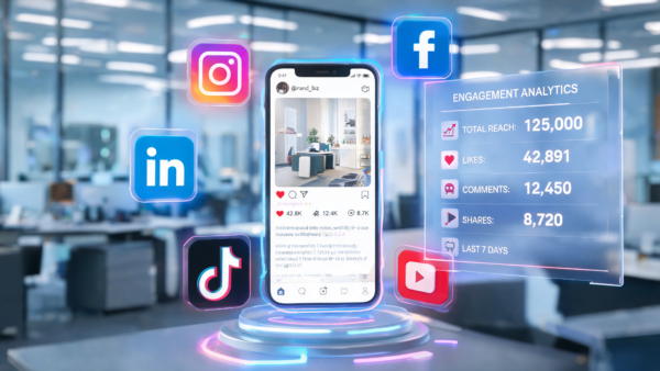 Social media marketing analytics engagement phone screen with icons