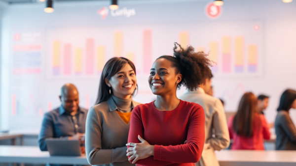 Diverse team smiling in office with data charts behind them for business success