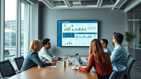 Business meeting with data charts on screen, professional team discussing strategy.