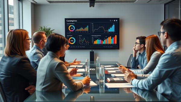 Business meeting analyzing financial data on screen