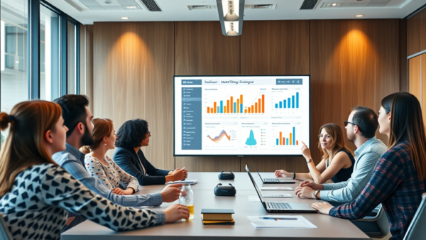 Business meeting in modern office with people discussing charts on screen
