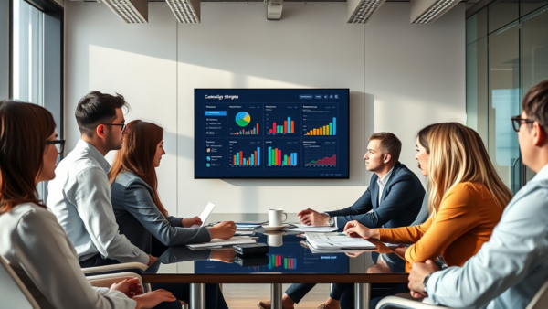 Business meeting with data charts on screen, modern office