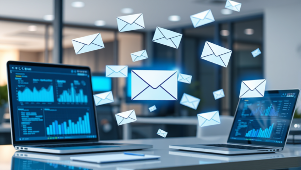 Email communication concept with flying envelopes and laptops displaying data