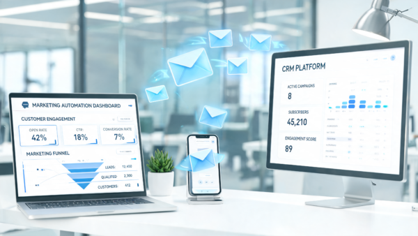 Digital marketing dashboard with emails and CRM data