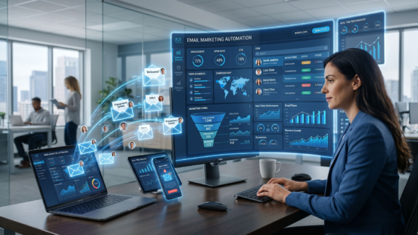 Email marketing automation dashboard showing leads and engagement