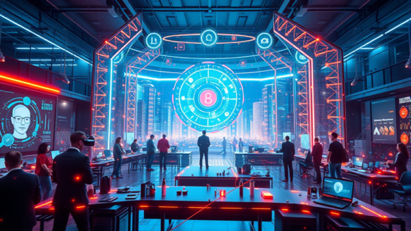 Future tech lab meeting with holographic display and VR headset
