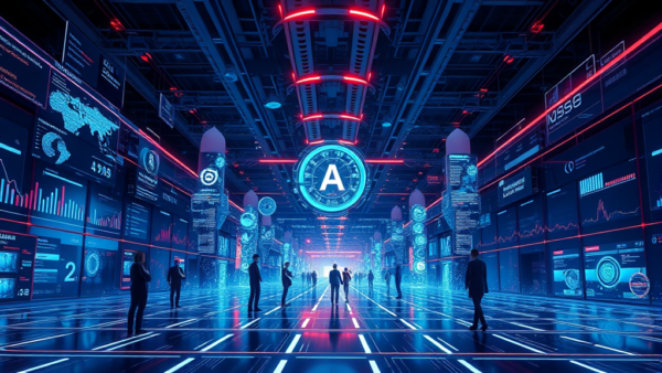 Futuristic AI data center with people walking in blue and red lights
