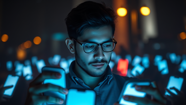 Man holding multiple smartphones in a digital cityscape