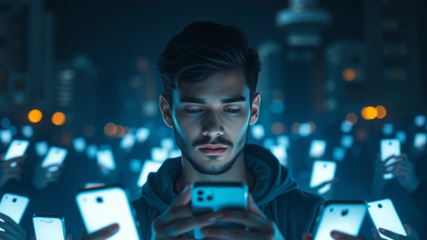 Man using smartphone in a crowd of glowing phones, digital connection