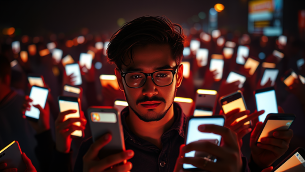 Man surrounded by smartphones in dark setting