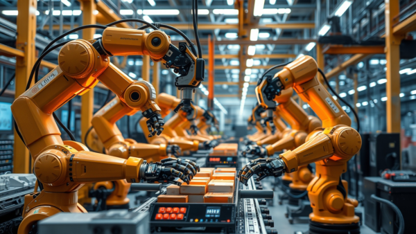 Robotic Arms Assembly Line Factory Automation Technology Concept