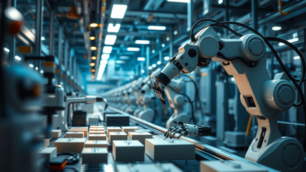 Robotic arms in a factory line working on boxes for production and automation