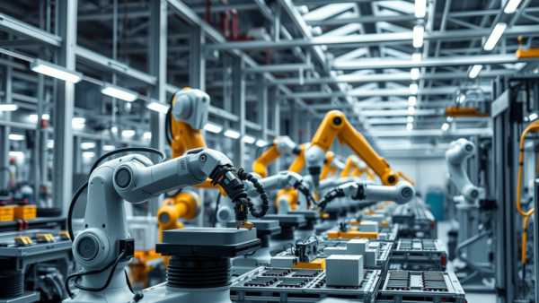 Robotic arms in a modern factory assembly line manufacturing technology