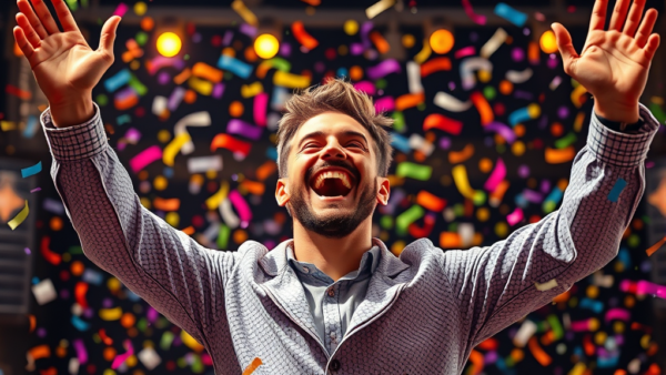Confetti Celebration Joy Happy Man Raising Arms