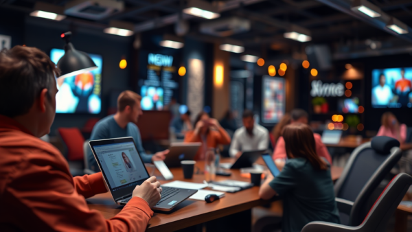 Team meeting in modern office space with people using laptops