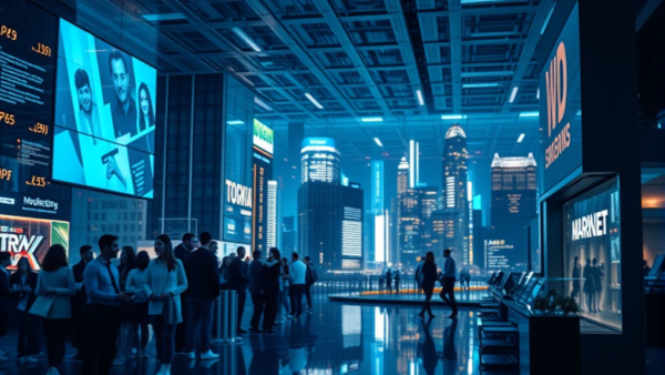 Futuristic Cityscape Business Hall with Digital Displays and People