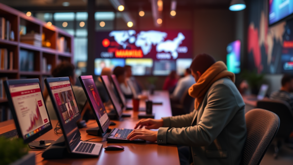 Global data center office with people working on computers and screens