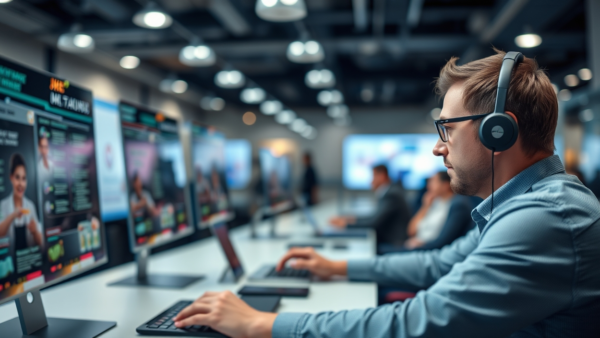 Man using computer with headphones in office with rows of monitors