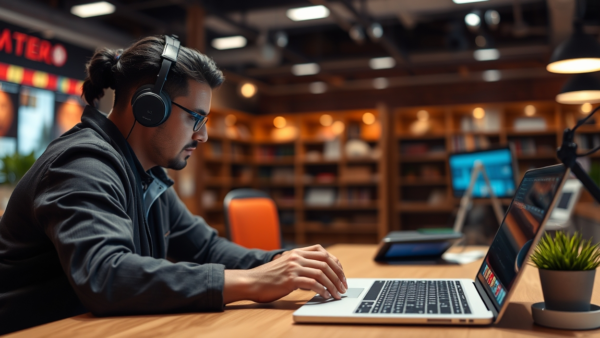 Young man working on laptop wearing headphones in modern office