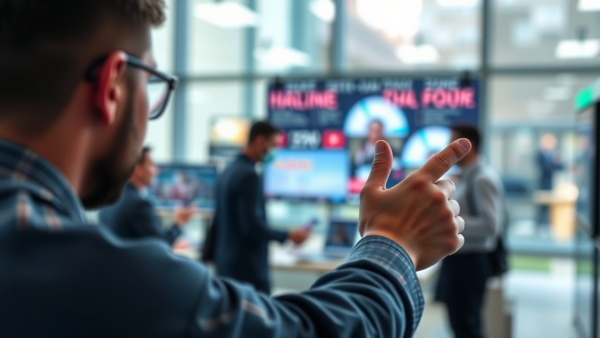 Man points at screen stock photo, business meeting presentation