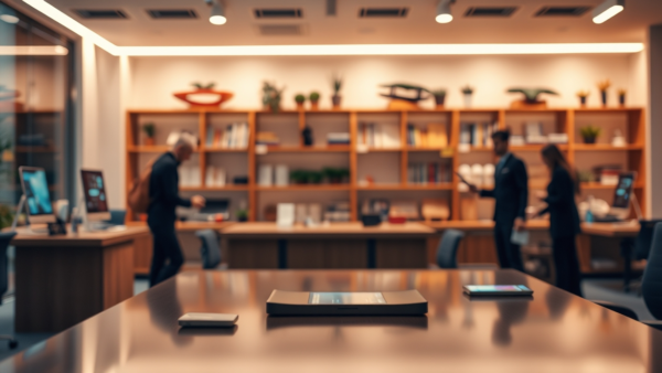 Modern office interior with blurred people and desks for business themes