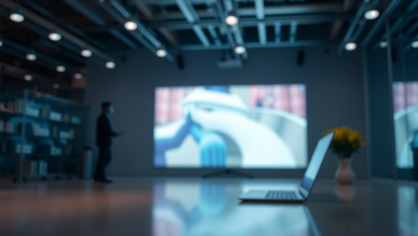 Modern office presentation room with laptop and projector screen