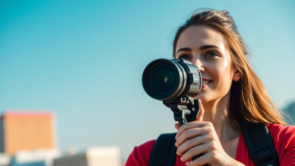 Young woman filming with professional camera on gimbal outdoors in city