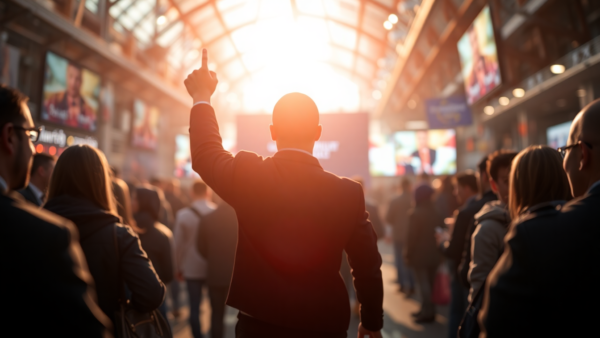 Man points up in sunlit crowd to show success and ambition