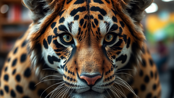 Jaguar face close up wild animal portrait, detailed fur and intense eyes, realistic digital art