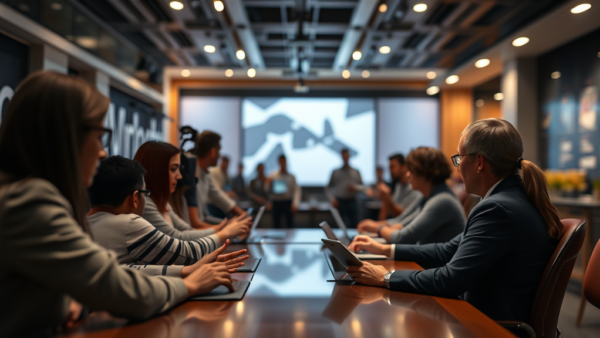 Business meeting group working on laptops in a modern conference room