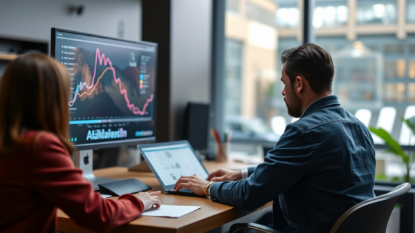 Business office people analyzing stock market graph on computer screen