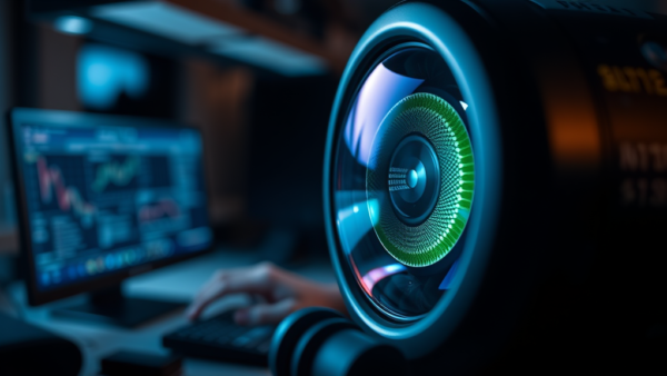 Tech camera lens on desk with stock market data