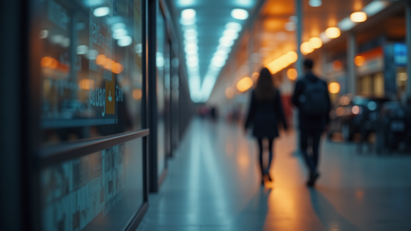 People walking in modern office hallway with bokeh lights
