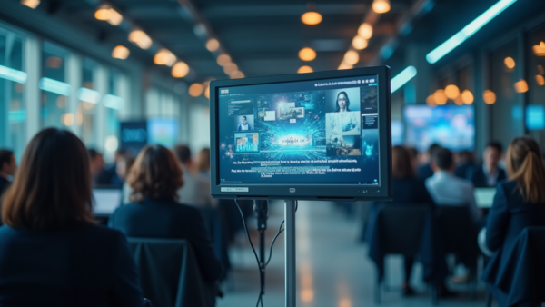 Conference presentation screen with digital interface and audience
