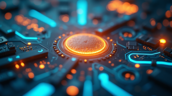 Circuit board technology abstract circuit board with glowing orange and blue lights