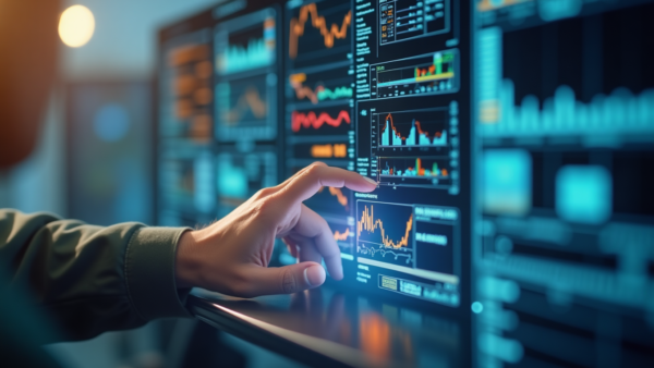 Data analysis hand touching digital stock charts on multiple monitors