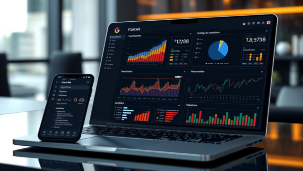 Data dashboard laptop phone graphs charts analysis insights modern business