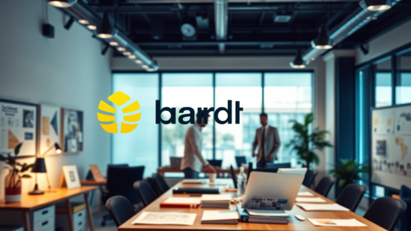 Modern office meeting room with people and Bardt logo