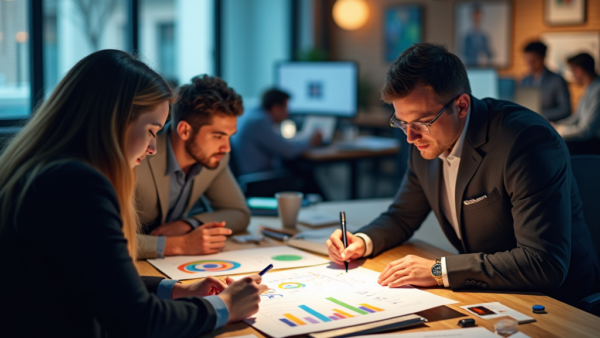 Business team working on charts and graphs at desk