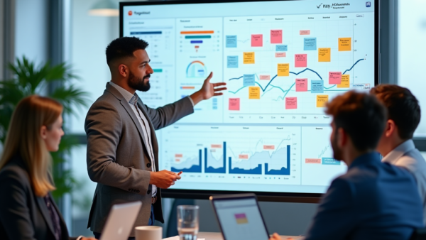 Business meeting with data charts on large screen presentation