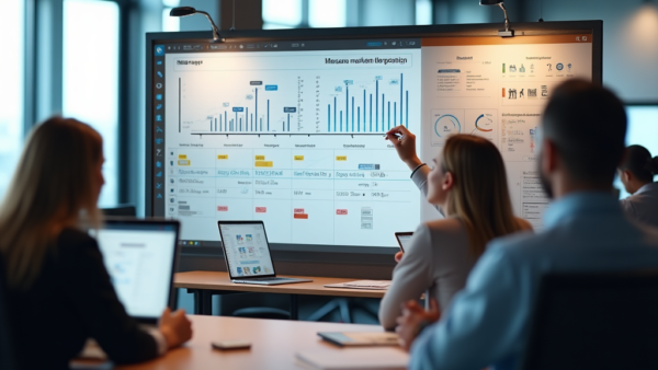 Business team analyzing data on large digital whiteboard screen