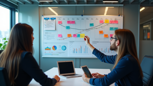 Business Strategy Meeting with Graphs and Sticky Notes