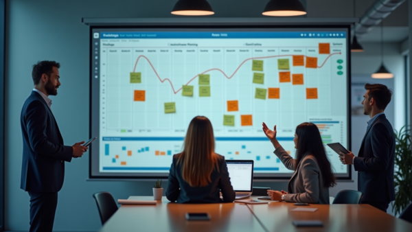 Business team analyzing data on a large screen display