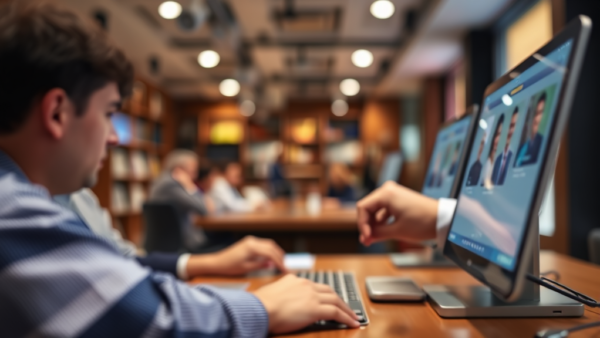 Online meeting people using computers in office setting