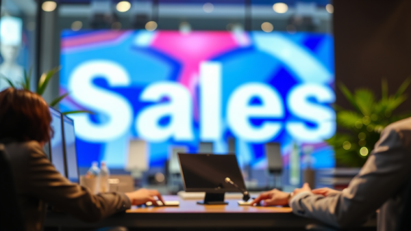 Sales Team Meeting Success with Big Digital Screen Display