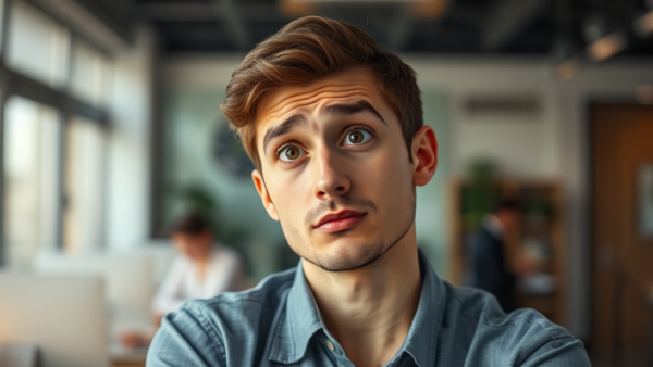 Confused young man in office looking up questioningly