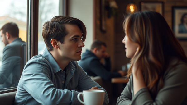 Couple talking in cafe, deep conversation over coffee cup